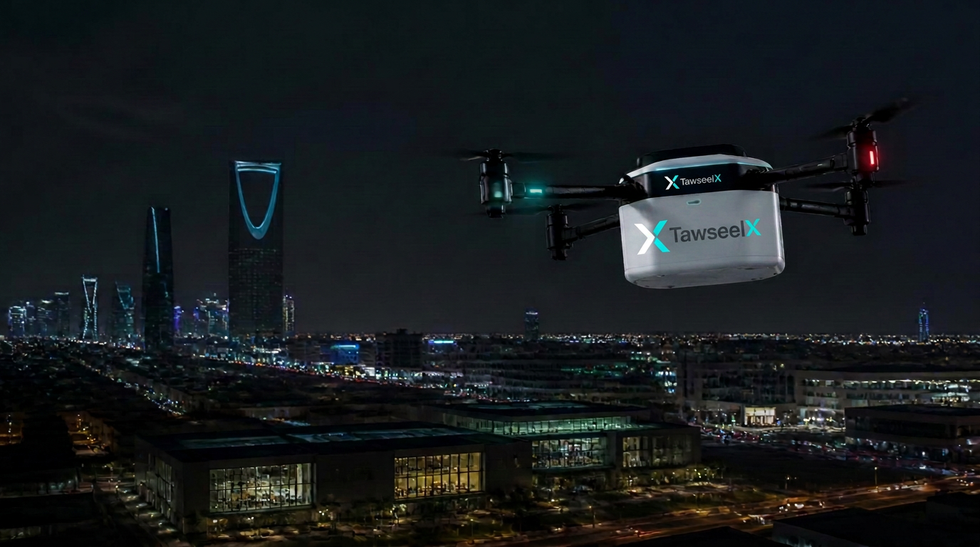 Autonomous TawseelX delivery drone flying above a modern Saudi city at night