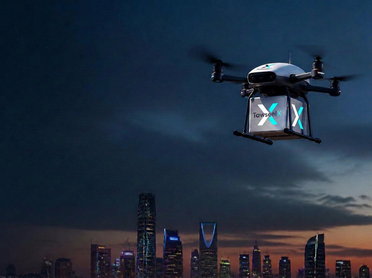 Autonomous delivery drone carrying a package above a modern Saudi skyline at dusk
